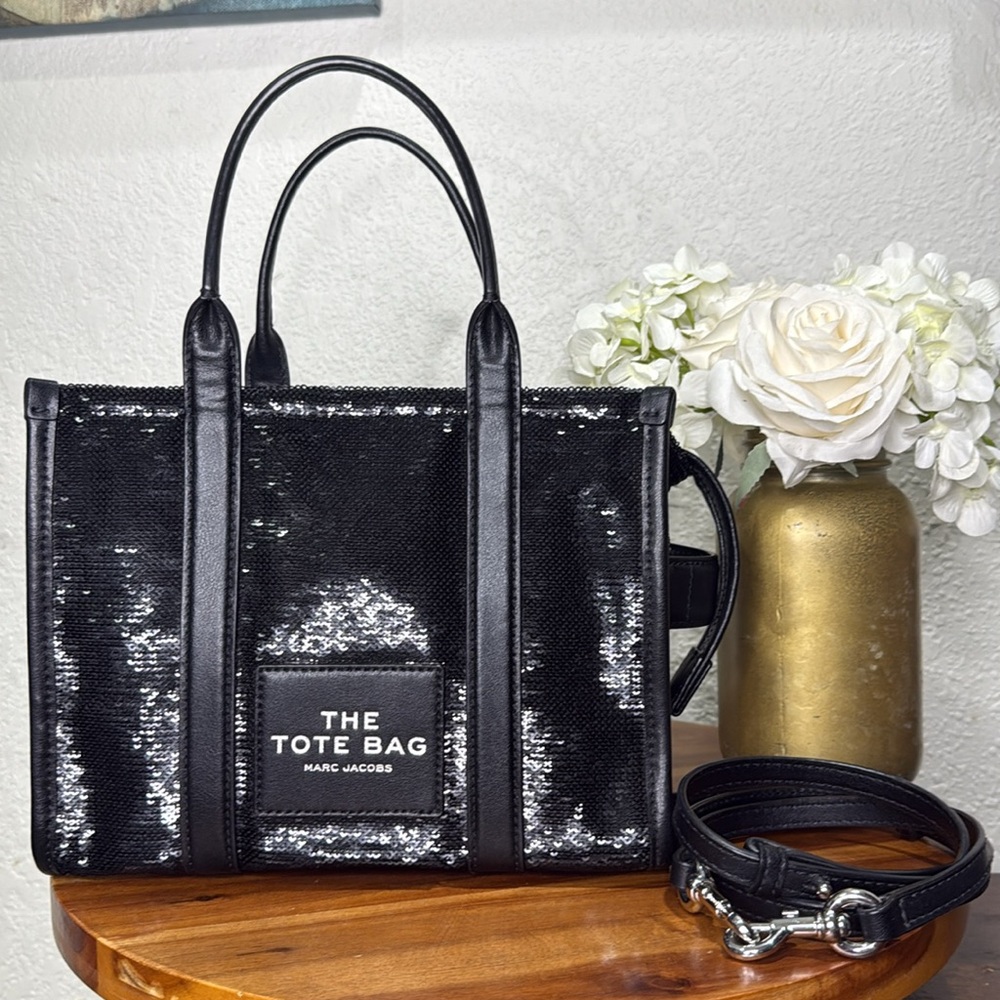 Marc Jacobs The Sequin Small Tote Crossbody Bag in Black Color